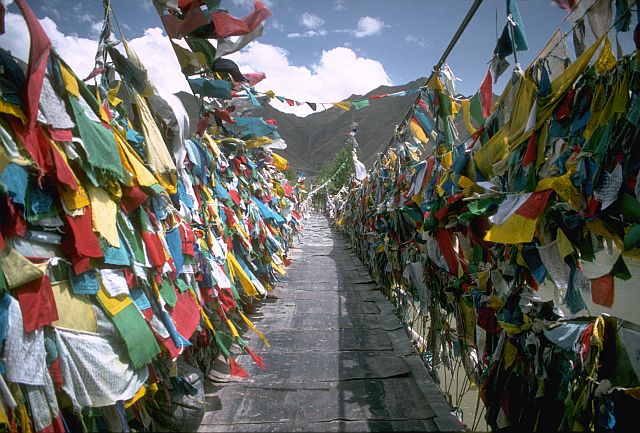 Lhasa bridge lined with prayer flags